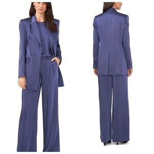Vince Camuto Double Breasted Satin Longline Blazer & Wide Leg Pants Dusk Blue S